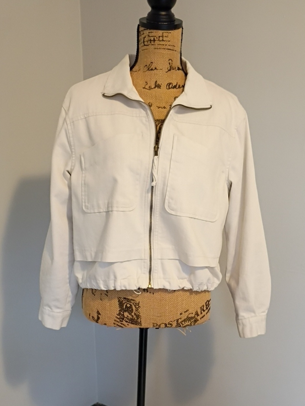Democracy Cream Zip Bomber Jacket with Patch Pockets